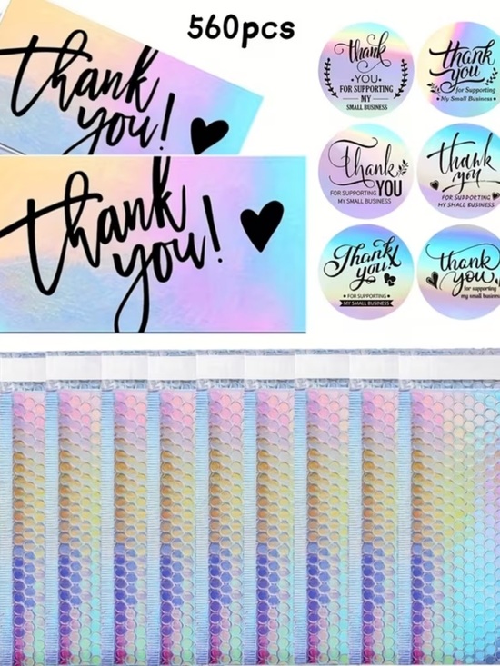Other - 560 pieces  Holographic Bubble Mailers with Thank You Stickers & Cards NEW